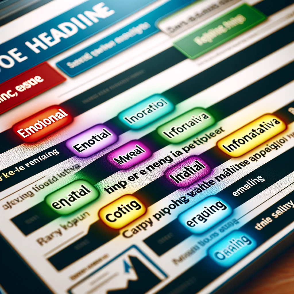 A close-up of a computer screen displaying various headline options, each highlighted with different colors representing their appeal - emotional, informative, and engaging.