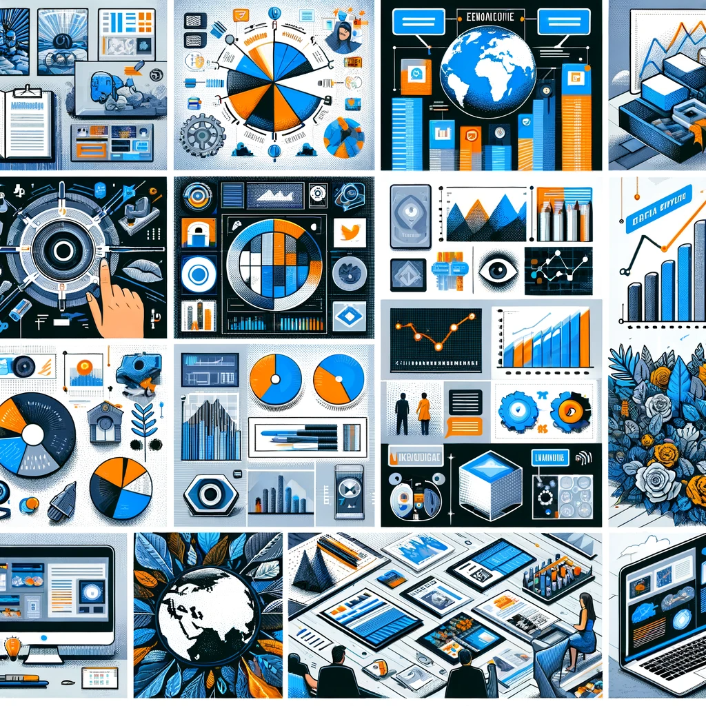 A collage showing a variety of engaging visual elements used in blog posts, such as an infographic, a data chart, and a professional video thumbnail.