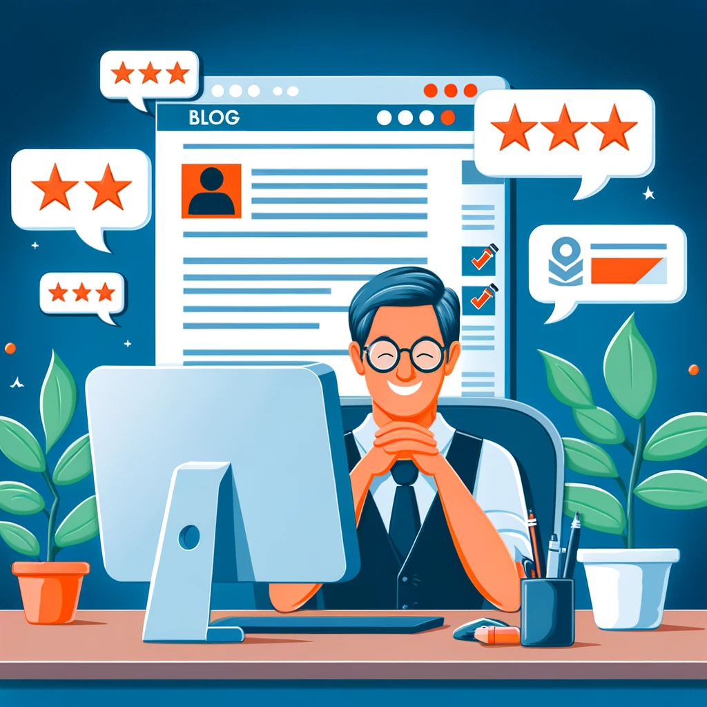 An image symbolizing the conclusion of the blogging journey, showing a satisfied professional looking at a completed blog post on their computer, with positive reactions and shares on social media.