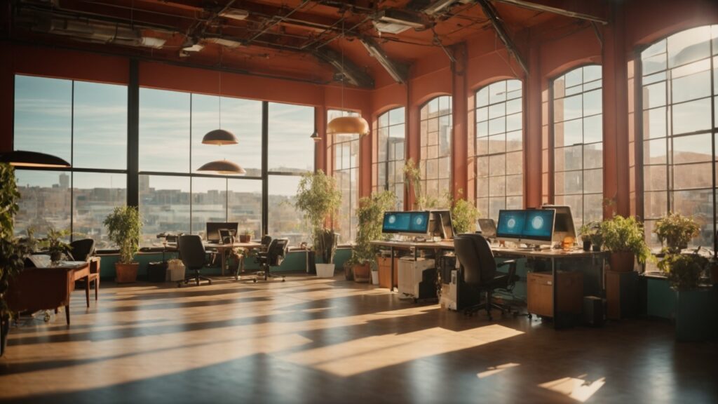small business environment with lots of windows and sunshine where AI integration is visibly enhancing operations