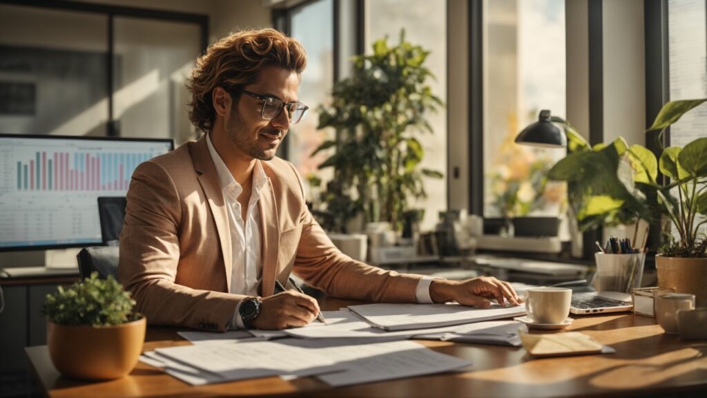 airy sun drenched office in the suburbs happily reviewing financial charts on a computer, with positive trends highlighted